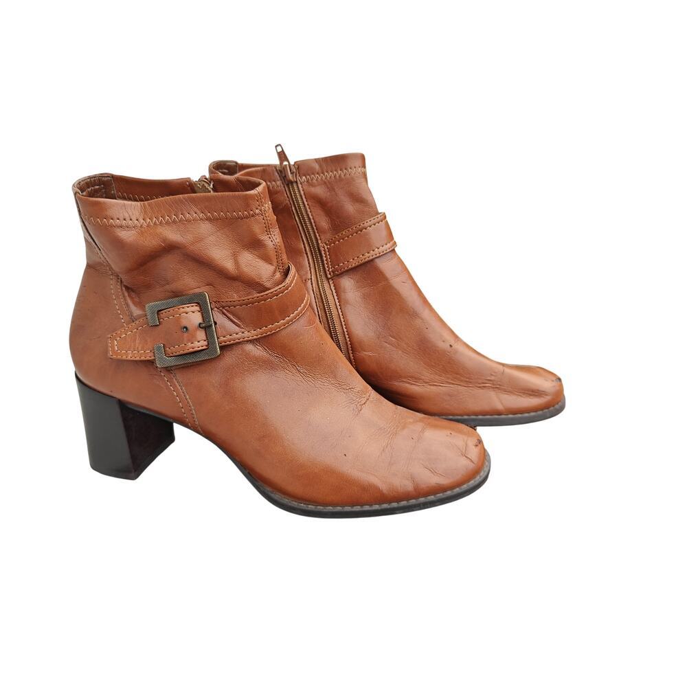 Franco Sarto Cognac Leather Ankle‎ Boots Block Heel Buckle